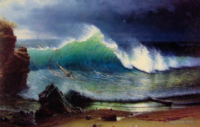 艾伯特·比尔施塔特 的油画作品 -  《绿松石海的海岸发光主义海景》