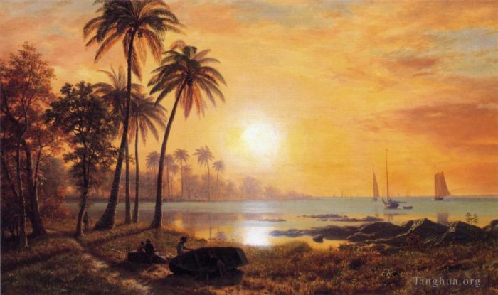 艾伯特·比尔施塔特 的油画作品 -  《海湾渔船的热带景观》