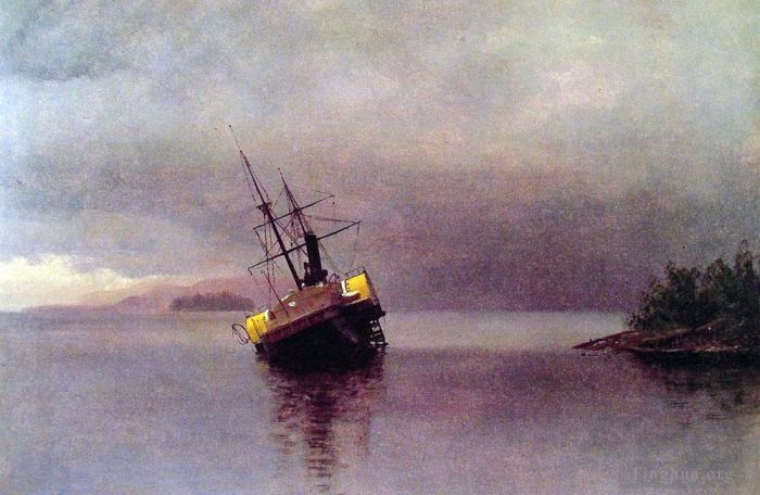 艾伯特·比尔施塔特 的油画作品 -  《洛林湾发光主义海景中的安康号残骸》