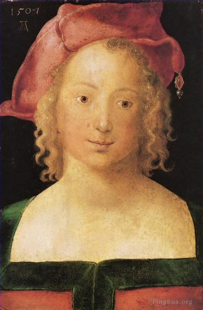 阿尔布雷特·丢勒 的油画作品 -  《面对一个戴着红色贝雷帽的年轻女孩》