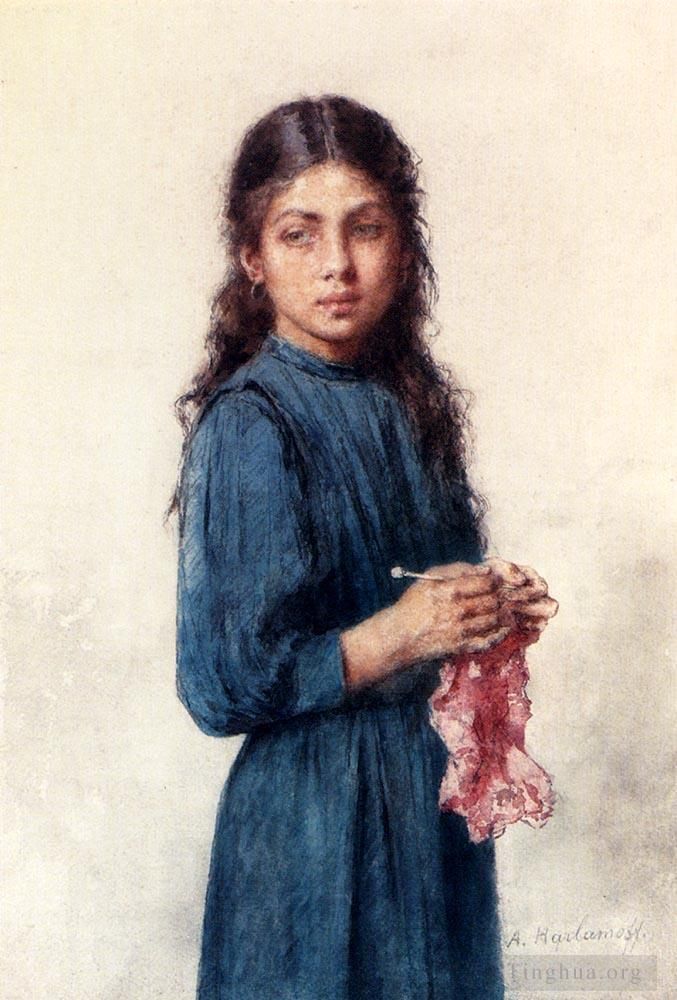 阿列克谢伊·哈拉莫夫 的油画作品 -  《一个年轻的女孩编织》