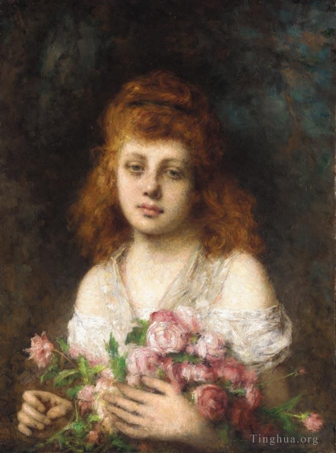 阿列克谢伊·哈拉莫夫 的油画作品 -  《赤褐色头发的美女与玫瑰花束》
