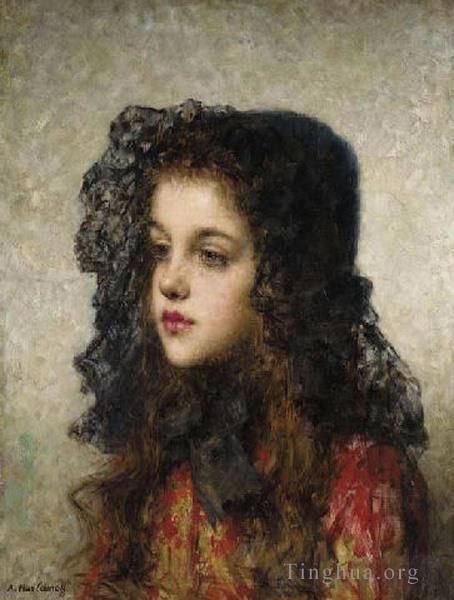 阿列克谢伊·哈拉莫夫 的油画作品 -  《戴面纱的小女孩》