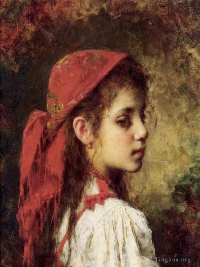 阿列克谢伊·哈拉莫夫 的油画作品 -  《戴红头巾的年轻女孩的肖像》