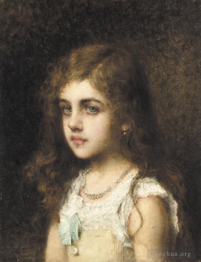 阿列克谢伊·哈拉莫夫 的油画作品 -  《带着绿松石弓的年轻女孩》