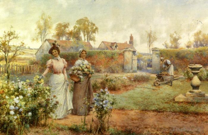 阿尔弗雷德·格伦德宁 的油画作品 -  《一位女士和她的女仆采菊花》