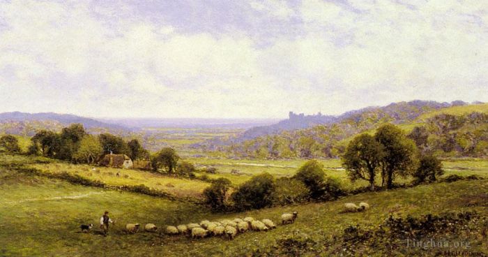 阿尔弗雷德·格伦德宁 的油画作品 -  《近安伯利苏塞克斯，远处阿伦德尔城堡》