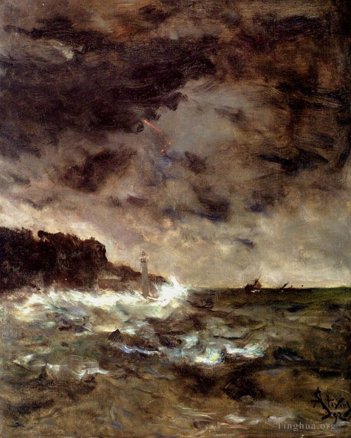阿尔弗雷德·埃米尔·利奥波德·史蒂文斯 的油画作品 -  《暴风雨之夜海景阿尔弗雷德史蒂文斯》