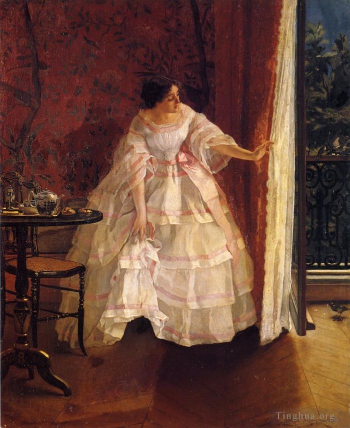 阿尔弗雷德·埃米尔·利奥波德·史蒂文斯 的油画作品 -  《窗边喂鸟的女士》
