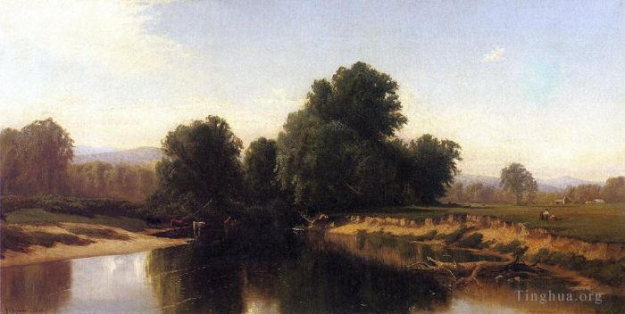 阿尔弗雷德·汤普森·布瑞彻 的油画作品 -  《河边的牛》