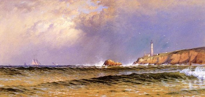 阿尔弗雷德·汤普森·布瑞彻 的油画作品 -  《与灯塔的海岸场景》