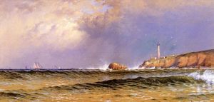 艺术家阿尔弗雷德·汤普森·布瑞彻作品《与灯塔的海岸场景》