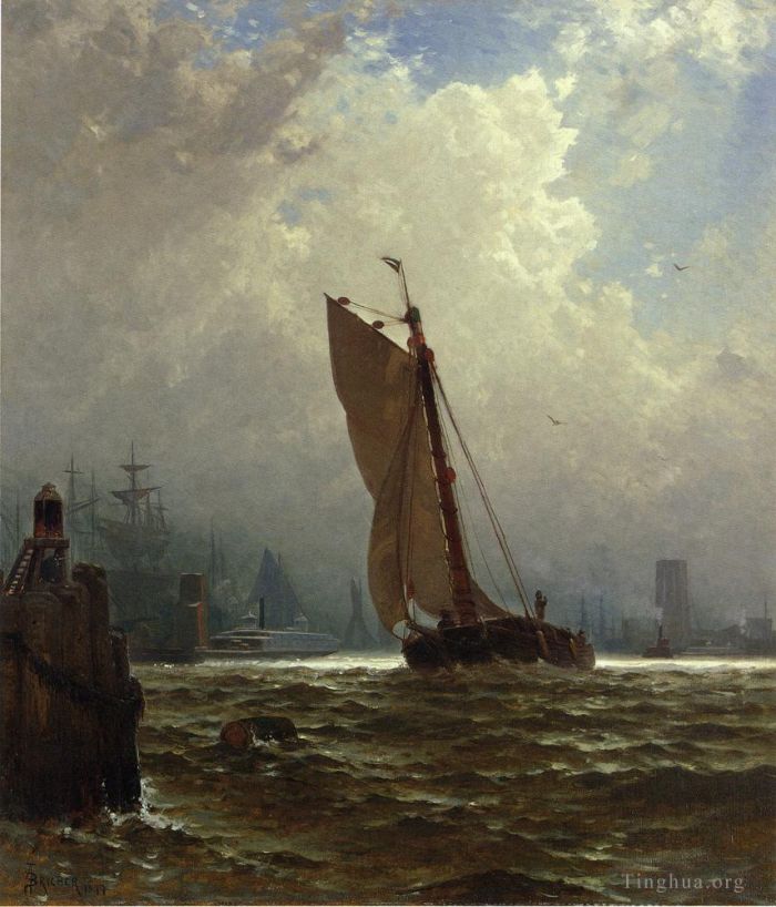 阿尔弗雷德·汤普森·布瑞彻 的油画作品 -  《纽约港和正在建设中的布鲁克林大桥》