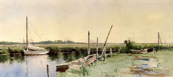 阿尔弗雷德·汤普森·布瑞彻 的油画作品 -  《海湾中的帆船》