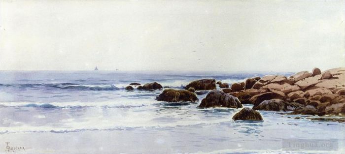 阿尔弗雷德·汤普森·布瑞彻 的油画作品 -  《岩石海岸附近的帆船》