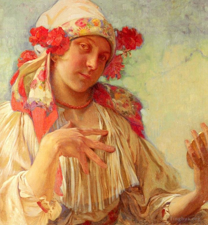 阿尔丰斯·玛利亚·慕夏 的油画作品 -  《穿着摩拉维亚服装的玛丽亚年轻女孩》