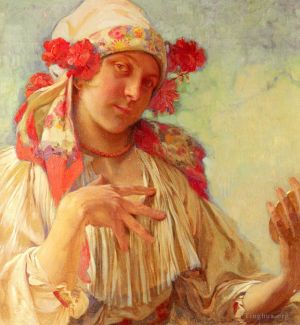 艺术家阿尔丰斯·玛利亚·慕夏作品《穿着摩拉维亚服装的玛丽亚年轻女孩》
