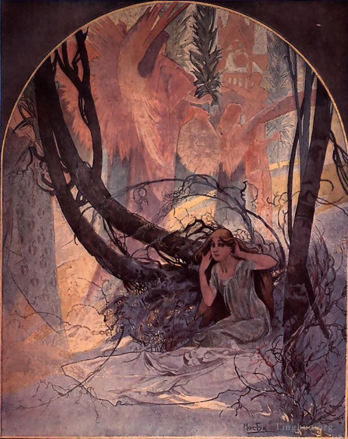 阿尔丰斯·玛利亚·慕夏 的各类绘画作品 -  《复活节钟声唤醒自然,1896print》