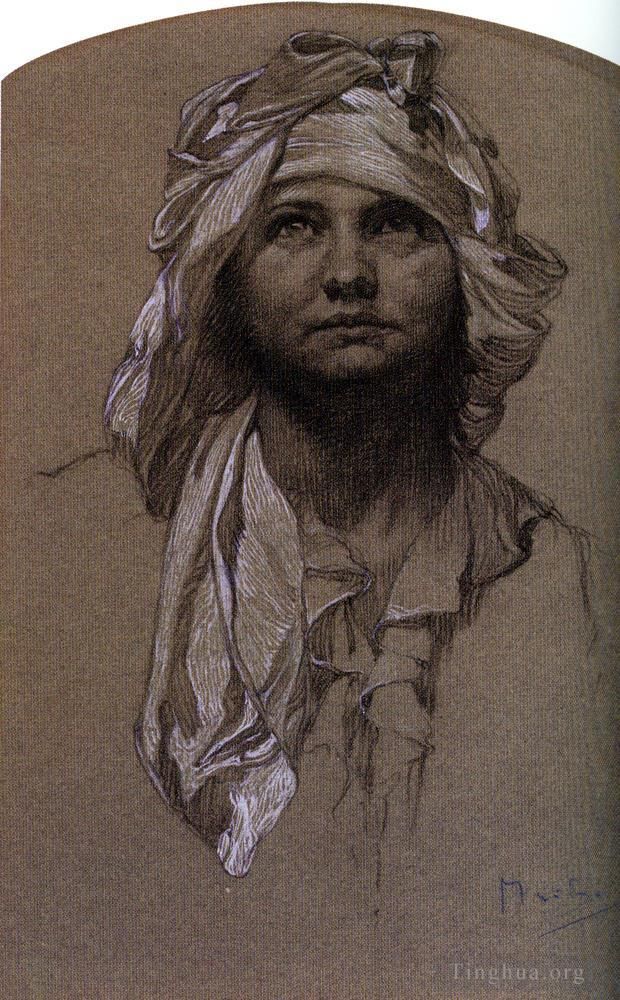 阿尔丰斯·玛利亚·慕夏 的各类绘画作品 -  《女孩头2》