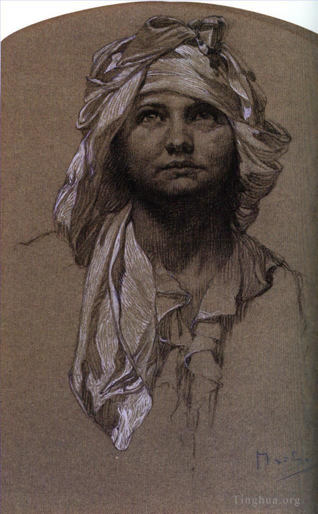 阿尔丰斯·玛利亚·慕夏 的各类绘画作品 -  《一个女孩的头》