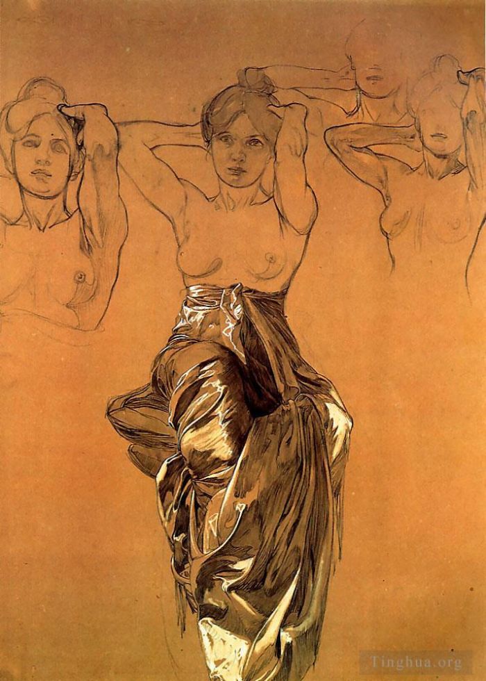 阿尔丰斯·玛利亚·慕夏 的各类绘画作品 -  《窗帘190蜡笔水粉研究》