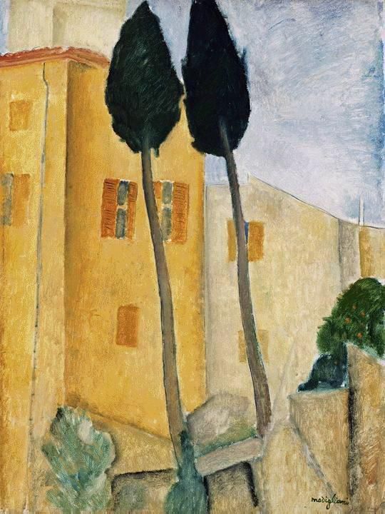 阿米迪欧·克莱门特·莫迪利亚尼 的油画作品 -  《柏树和房子,1919》