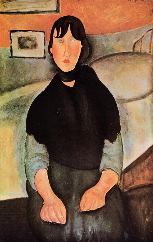 阿米迪欧·克莱门特·莫迪利亚尼 的油画作品 -  《坐在床边的深色年轻女子,1918,年》
