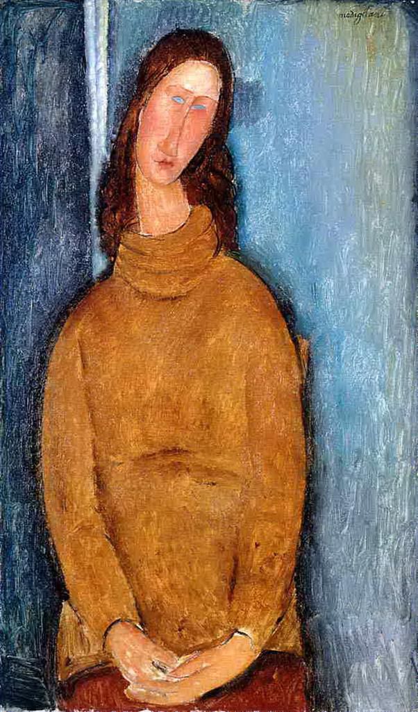 阿米迪欧·克莱门特·莫迪利亚尼 的油画作品 -  《珍妮·赫布特恩,(Jeanne,Hebuterne),身穿黄色套头衫，1919,年》