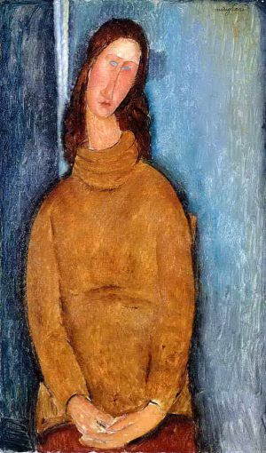 艺术家阿米迪欧·克莱门特·莫迪利亚尼作品《珍妮·赫布特恩,(Jeanne,Hebuterne),身穿黄色套头衫，1919,年》
