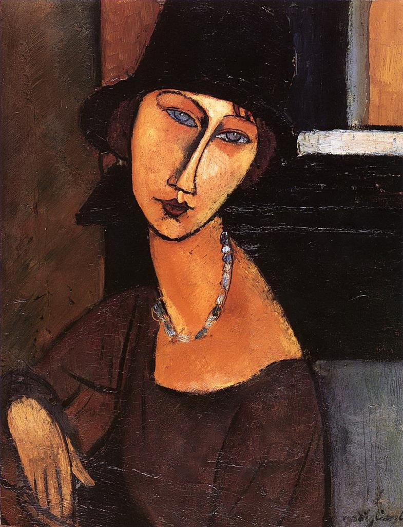 阿米迪欧·克莱门特·莫迪利亚尼作品《珍妮·赫布特恩,(Jeanne,Hebuterne),戴着帽子和项链,1917,年》