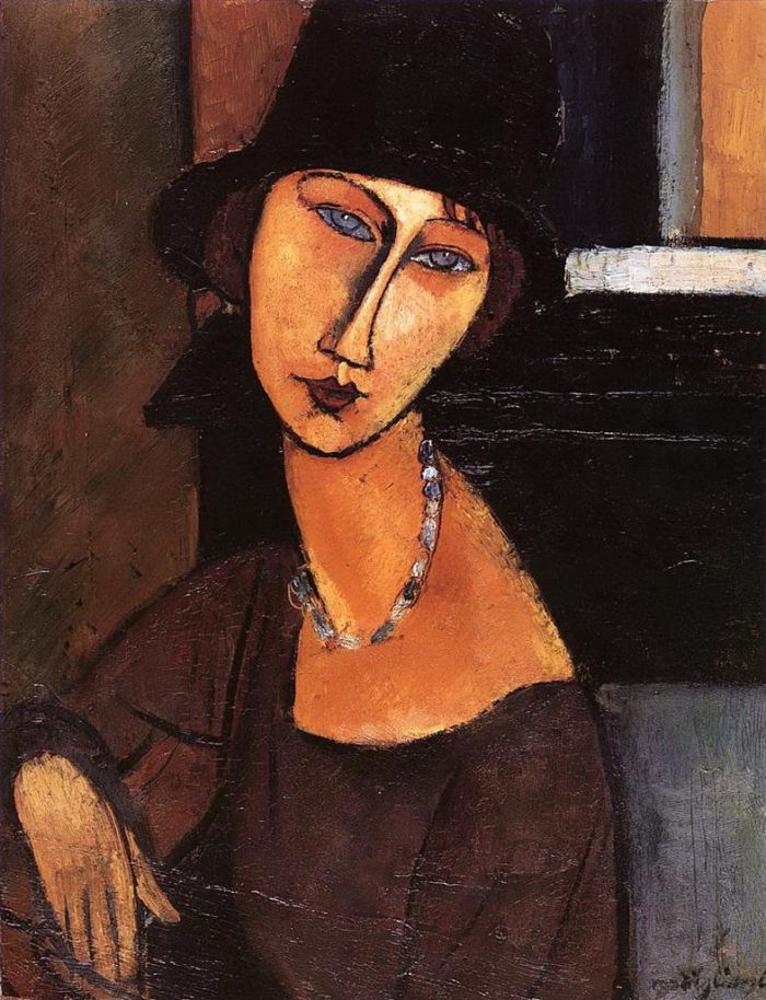 阿米迪欧·克莱门特·莫迪利亚尼 的油画作品 -  《珍妮·赫布特恩,(Jeanne,Hebuterne),戴着帽子和项链,1917,年》