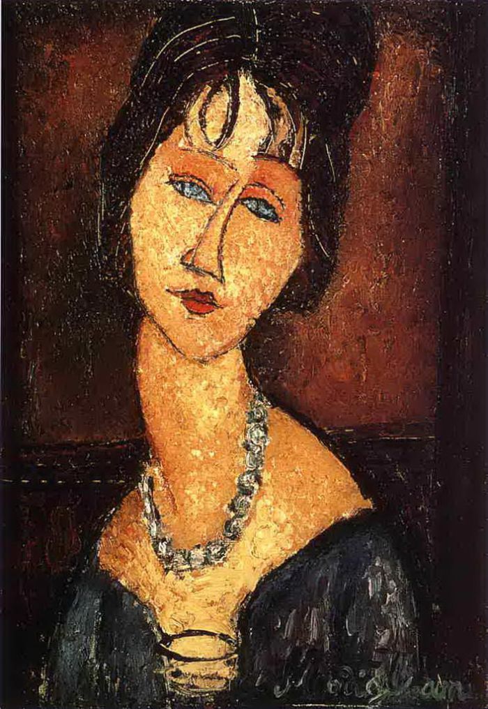 阿米迪欧·克莱门特·莫迪利亚尼 的油画作品 -  《珍妮·赫布特恩,(Jeanne,Hebuterne),佩戴项链,1917》