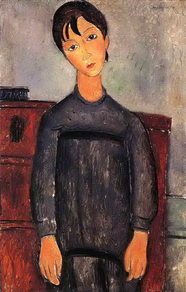 阿米迪欧·克莱门特·莫迪利亚尼 的油画作品 -  《穿黑围裙的小女孩,1918》