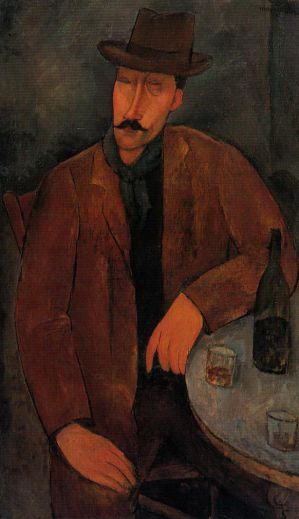 艺术家阿米迪欧·克莱门特·莫迪利亚尼作品《拿着一杯酒的男人》