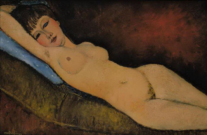 阿米迪欧·克莱门特·莫迪利亚尼 的油画作品 -  《斜倚裸体,Nu,Couche,au,coussin,Bleu》
