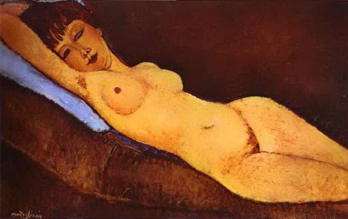 阿米迪欧·克莱门特·莫迪利亚尼 的油画作品 -  《斜倚着蓝色垫子的裸体,1917》