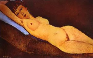 艺术家阿米迪欧·克莱门特·莫迪利亚尼作品《斜倚着蓝色垫子的裸体,1917》