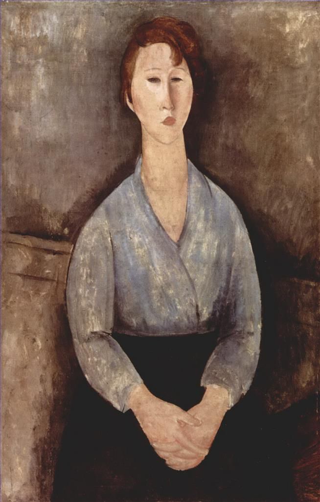 阿米迪欧·克莱门特·莫迪利亚尼 的油画作品 -  《穿着蓝色衬衫的坐着的女人,1919》
