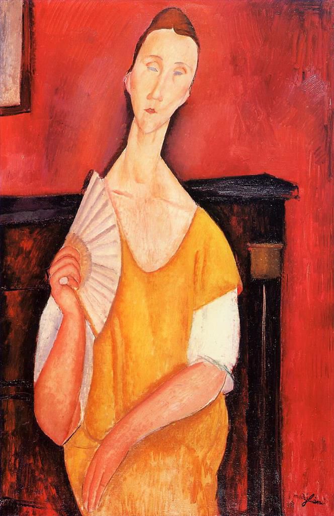 阿米迪欧·克莱门特·莫迪利亚尼 的油画作品 -  《拿着扇子的女人,Lunia,czechowska,1919》