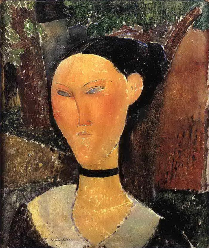 阿米迪欧·克莱门特·莫迪利亚尼 的油画作品 -  《黑色边框上有天鹅绒丝带的女人,1915》