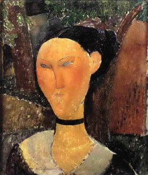 艺术家阿米迪欧·克莱门特·莫迪利亚尼作品《黑色边框上有天鹅绒丝带的女人,1915》