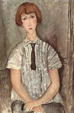 艺术家阿米迪欧·克莱门特·莫迪利亚尼作品《穿条纹衬衫的年轻女孩,1917》