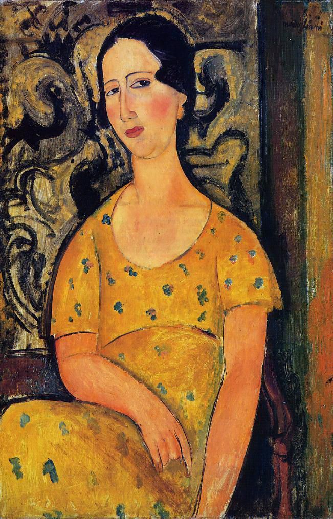 阿米迪欧·克莱门特·莫迪利亚尼 的油画作品 -  《穿黄色裙子的年轻女子莫多夫人,1918》