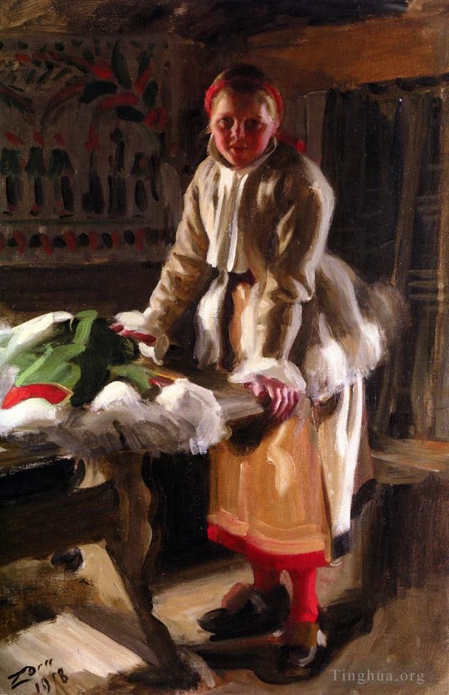 安德斯·伦纳德·佐恩 的油画作品 -  《Morakulla,I,Vinterdrakt,来自莫拉的女孩》