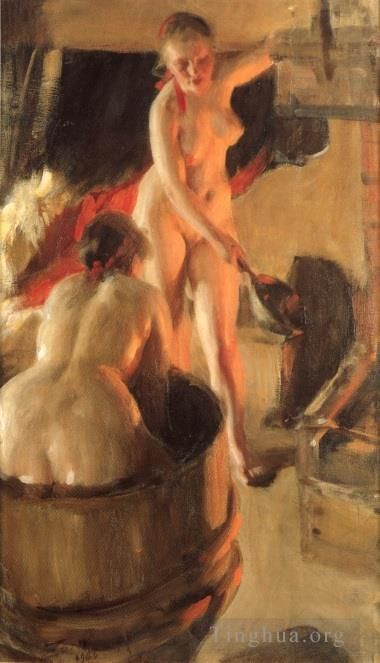 安德斯·伦纳德·佐恩 的油画作品 -  《妇女们在桑拿房里洗澡》