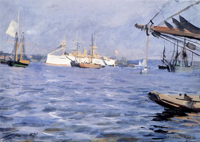 安德斯·伦纳德·佐恩 的各类绘画作品 -  《斯德哥尔摩港的巴尔的摩号战列舰》
