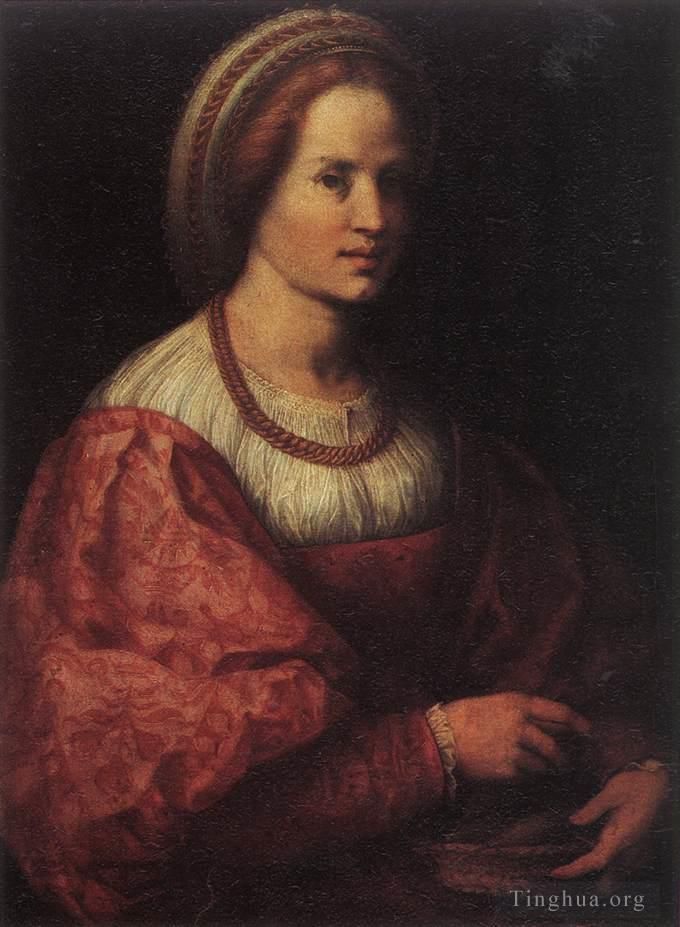 安德列亚·德尔萨托 的油画作品 -  《一个提着纺锤篮子的女人的肖像》