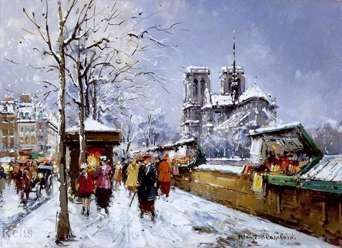 安托万·布兰卡德 的油画作品 -  《书商巴黎圣母院的冬天》
