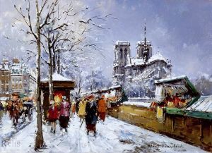 艺术家安托万·布兰卡德作品《书商巴黎圣母院的冬天》
