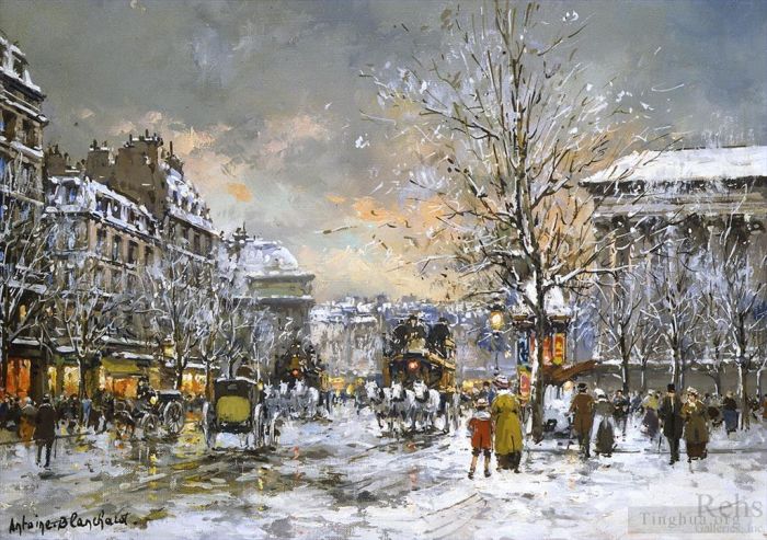 安托万·布兰卡德 的油画作品 -  《马德琳广场冬天的综合巴士》